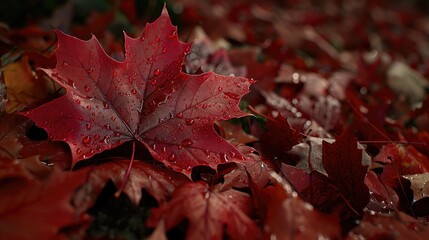 Fototapeta premium Stunning dew-covered red maple leaf on autumn ground