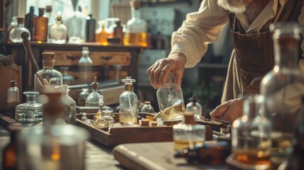 A man is pouring liquid into a glass bottle in a room full of bottles