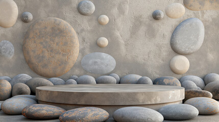 Stone pedestal and pebbles against a textured wall background.