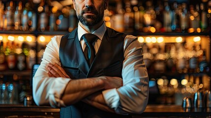 Bartender standing with crossed arms at the bar