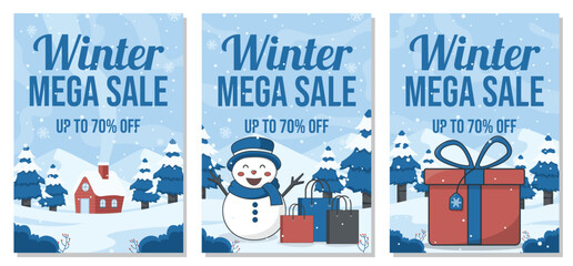 Winter sale poster template banners set with cute snowman and winter landscape illustration.