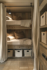 a bunk bed with a trundle bed pulled out, displaying the additional storage bins beneath. The room have a playful yet orderly decor, suitable for children or guests. 