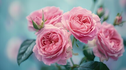 Beautiful pink roses with green leaves on blue background