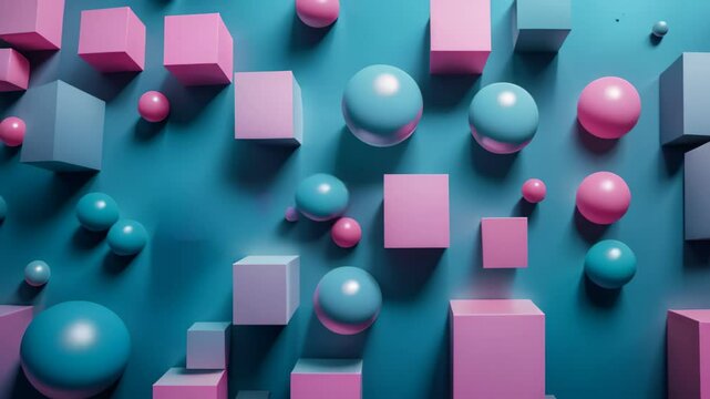 Geometric looped background, pink and blue objects circles and squares animation 4k