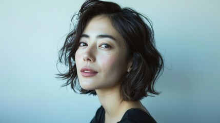Portrait of a woman with short, wavy hair and a neutral expression against a light background. Perfect for lifestyle and beauty themes.