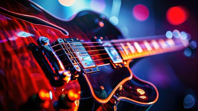 Close-up of electric guitar with vibrant lighting effects