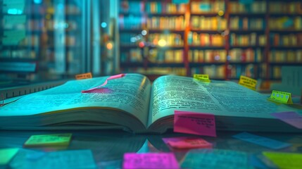 An open textbook with highlighted text and sticky notes.