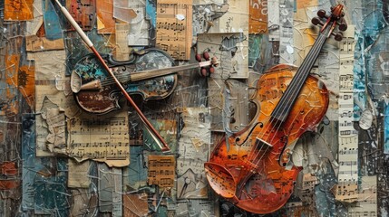 Collage of Two Violins on a Musical Background