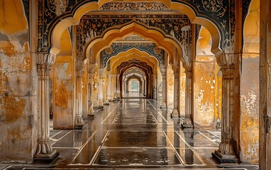 Fototapeta premium Ancient architecture with vibrant arches and reflections on floor.
