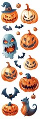 Fototapeta premium Vibrant Collection of Rhinestone Halloween Stickers Featuring Glittery Pumpkins, Bats, and Spiders on a Stark White Background