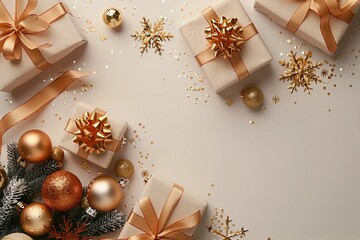 Magical Christmas Scene Top-down view of artfully wrapped gift boxes with orange satin ribbons, complemented by chic tree ornaments, golden balls, sparkling snowflakes, confetti on pastel background