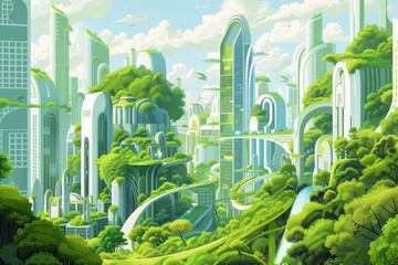 Illustration Spectacular eco-futuristic cityscape full with greenery architecture backgrounds landscape.