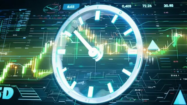 A mesmerizing hologram of a clock made of overlapping stock charts signifying the everevolving nature of the financial industry.
