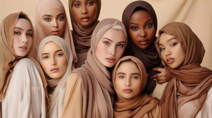 A group of women wearing brown scarves are posing for a photo