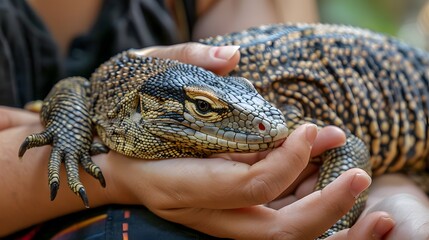 Petting a Savannah Monitor: Hands petting the rough skin of a savannah monitor lizard, with the lizard exploring a person's lap.
