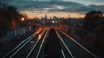 Person walking along railway tracks at sunset with city skyline in background. Beautiful evening sky and cityscape scenery.