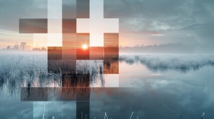 Sunrise Over Foggy Lake with Abstract Overlay