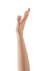 Obraz premium Young woman hand reaching isolated on white background