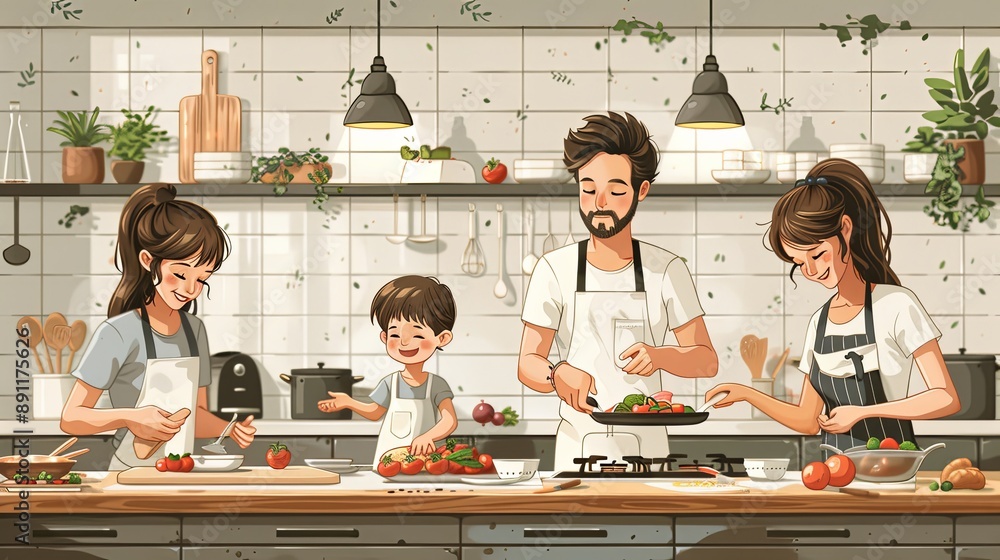 Wall mural vector, illustration, flat, happy family cooking in kitchen and serving dining table. smiling adults