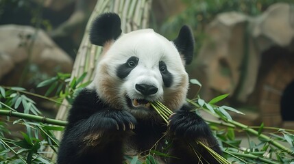 Fototapeta premium Adorable Panda Enjoying a Bamboo Feast