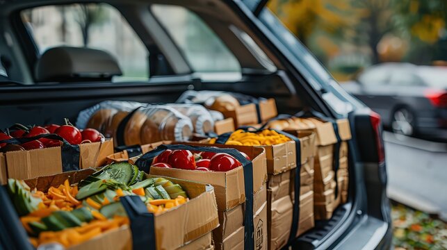 car trunk or backseat filled with insulated boxes containing food deliveries, demonstrating the convenience and efficiency of food delivery services.