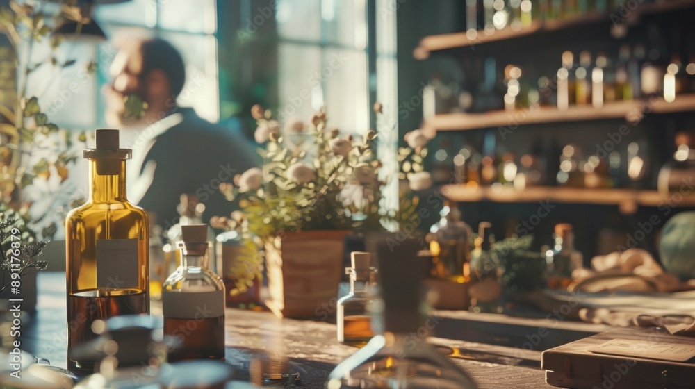 Poster a man is sitting in front of a table with many bottles and vases