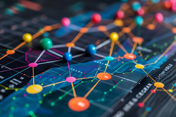 A detailed close-up of a colorful network data visualization chart with interconnected nodes and lines representing data points.