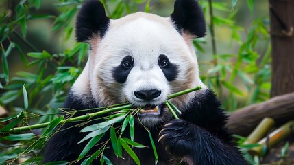 Fototapeta premium Adorable Panda Enjoying a Bamboo Feast