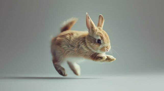 A rabbit joyfully performing a series of high jumps known as binkies, showcasing its excitement and agility against a backdrop that enhances its movements.