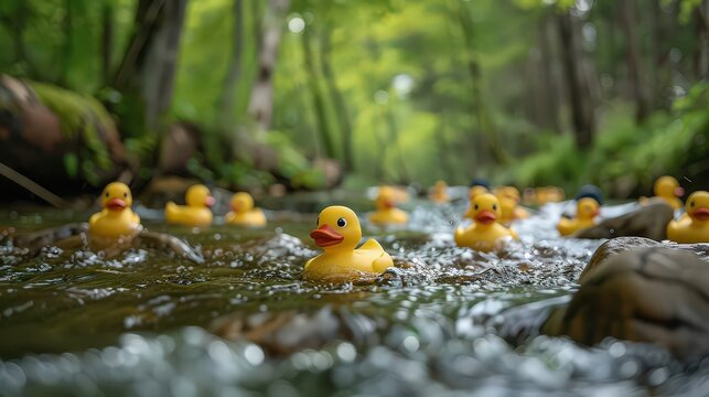 action shot of rubber ducks floating down a stream or small river, part of a community rubber duck race event, emphasizing fun and competition.
