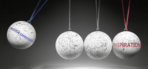 Creative Expression and Inspiration - cause and effect relationship. A Newton cradle metaphor showing how creative expression results in inspiration. It initiates inspiration. ,3d illustration