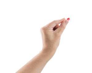 Mid aged female hold red and white pills isolated on white