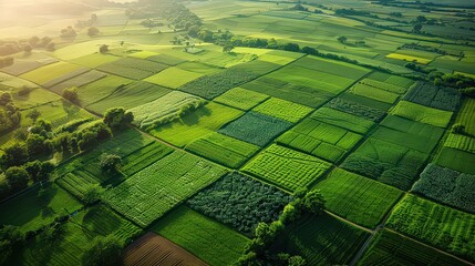 An aerial shot of vast, patchwork farmlands, with fields of different crops and rural roads, highlighting the beauty and organization of agricultural landscapes.