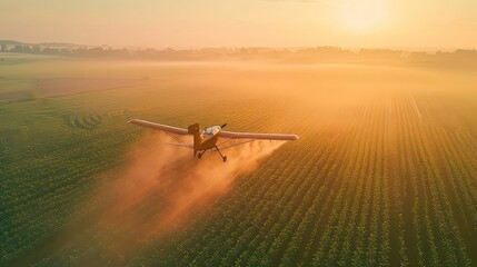 A small aircraft or drone flying low over farmland, spraying pesticides on crops below, capturing the aerial perspective and agricultural process.