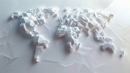 A minimalist depiction of continents represented by abstract geometric shapes and lines, arranged in a conceptual map format to evoke a sense of interconnected global relationships.