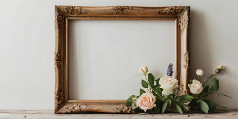 A wooden picture frame adorned with fresh flowers.