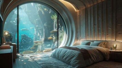 An artista rendering of an underwater habitat with curved glass walls, showcasing marine life outside while offering a safe and immersive living environment.