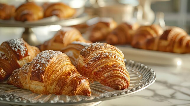 A selection of buttery croissants and pastries displayed on a charming French patisserie table, evoking the elegance and indulgence of French culinary traditions.