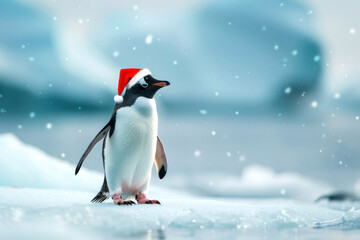 Fototapeta premium A penguin wearing a Santa hat stands on snowy ground. The scene is festive with snowflakes falling and a wintery background, creating a cheerful Christmas atmosphere