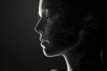 A realistic photograph of an outline silhouette consisting of many small white dots. Woman's face