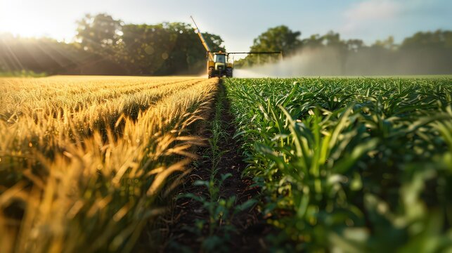 A comparison image of conventional pesticide spraying versus organic farming methods, contrasting approaches to crop protection and sustainability.