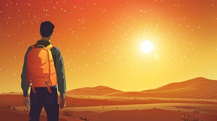 Person with backpack looking at sunset in desert.