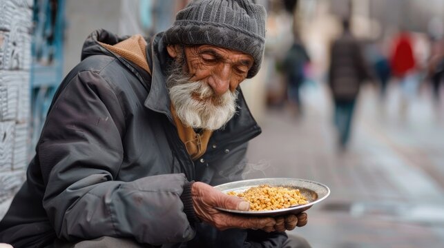 Giving food to beggar men on the street