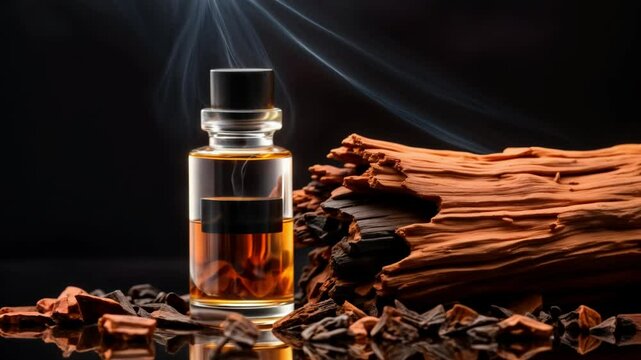 Elegant Perfume Bottle With Oud Wood Fragrance Amidst Swirling Smoke And Wooden Background