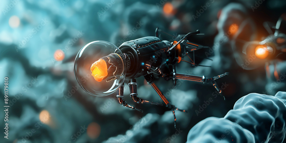 Poster a close-up view of a single nanorobot navigating through human tissue, showcasing its intricate desi