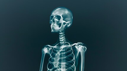 X-Ray of a Full Skeleton: Complete X-ray image of a human skeleton in an upright position.
