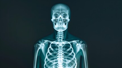 X-Ray of a Full Skeleton: Complete X-ray image of a human skeleton in an upright position.
