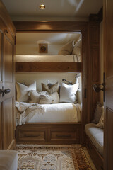 a bunk bed with under-bunk storage, The bedroom have a sophisticated decor, elegant accessories 