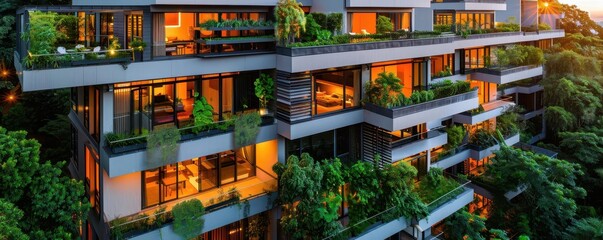 Obraz premium Sustainable architecture marvel, green roofs and solar panels, future of ecofriendly living