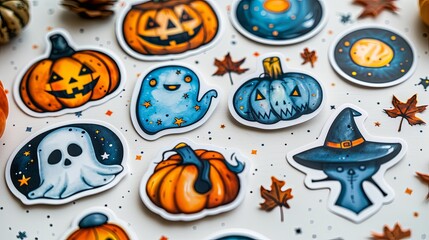 vector, illustration, flat, Halloween stickers set elements, hand drawn scary illustration. Cute badge collection with pink broom, spooky pumpkin, mummy and horror calligraphy. Creepy holiday symbols.